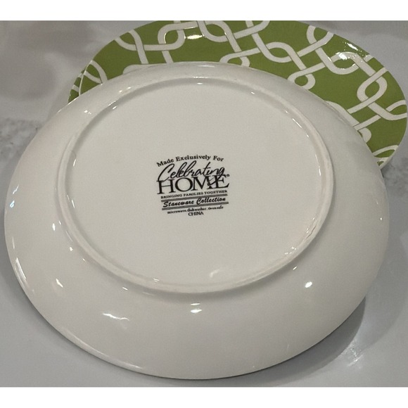 Celebrating Home Stoneware Collection Luncheon Plates 4 Green White Lattice - Picture 2 of 5